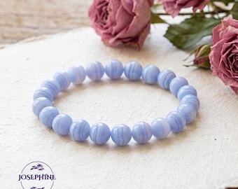 Blue Lace Agate Bracelet, 8mm Tube Beads Natural Gemstone Crystal Stretch Bracelet, Healing Empath Protection Inner Peace Bracelet, Gifts