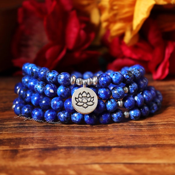 108 Mala Beads Bracelet - Lapis Lazuli Bracelet - Healing Yoga Bracelet - Meditation Reiki Chakra Balance Calming Bracelet - Rosary Beads