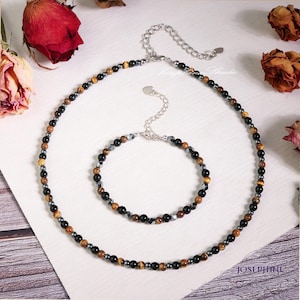 Crystal Minimalist Dainty Jewelry Set, Tiger Eye, Hematite, Obsidian Beaded Bracelet Necklace Set, Healing Triple Protection Women Jewelry