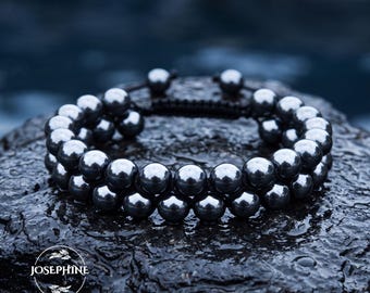 Natural Hematite Double Layers Beaded Mens Bracelet, Hand Braided Boho Healing Strength Crystal Bracelet for Men
