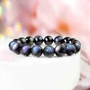 Rainbow Obsidian Bracelet, 10mm Round Bead Stretch Bracelet, Healing Protection Strength Balance Bracelet, Stone of Luck, Women Men Bracelet