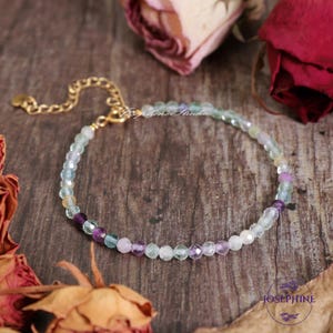 Rainbow Fluorite Women Bracelet, Dainty Minimalist 3mm Beads Bracelet for Stacking, Healing Meditation Protection Inner peace Bracelet, Gift