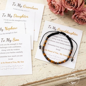 モールス信号「あなたをとても誇りに思います」タイガーアイヘマタイトブレスレットとカード（孫娘、娘、息子、孫息子、甥へ）