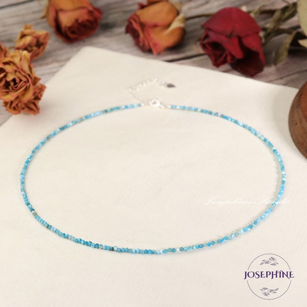 Tiny Larimar Gemstone Beaded Minimalist Choker, Small Natural Blue Gemstone Beads Necklace, Waterproof Crystal Choker, Healing Jewelry Gift