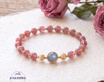 Moonstone & Strawberry Rose Beaded Quartz Stretch Bracelet for Women, Healing Self-love Intention Bracelet, Gift for her