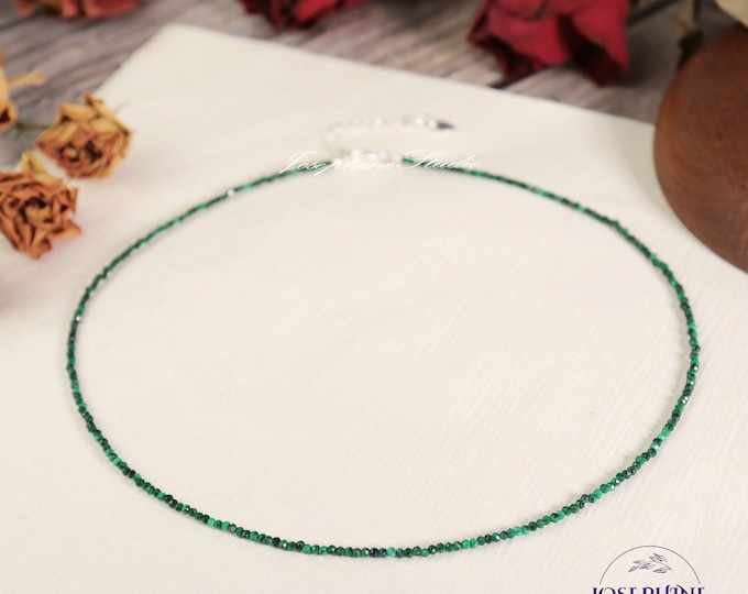Natural Malachite Gemstone Beaded Minimalist Choker, Tiny Small Beads Women Necklace, Waterproof Crystal Choker, Healing Balance Necklace