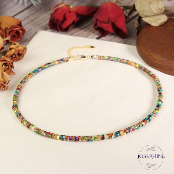 Gargantilla delicada de cuentas tubulares de jaspe de sedimento marino natural, collar de piedras preciosas naturales, gargantilla de cristal resistente al agua, joyería curativa.