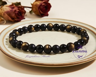 Drievoudige bescherming kristalarmband, dames heren empathische beschermingsarmband, zwarte toermalijn, zwarte onyx, goudglans obsidiaankralen, 6,8 in/8 in