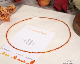 AAA+ Grade Natural Carnelian Beaded Minimalist Choker, Tiny 2mm Beads Dainty Gemstone Necklace, Waterproof Crystal Choker, Healing Choker