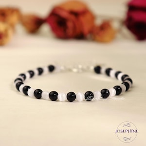 4mm Round Gemstone Beads Women Men Bracelet, Selenite & Black Tourmaline Beaded Bracelet, Healing Protection Bracelet, Gift for her