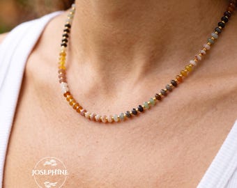 Rondelle Gemstone Beaded Autumn Colors Necklace Choker, Dainty Disc Natural Assorted Crystal Beads Necklace Waterproof