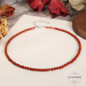 Red Jasper 4mm Round Gemstone Beaded Minimalist Choker, Natural Red Gemstone Bead Necklace, Crystal Boho Style Choker, Healing Jewelry Gift