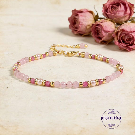 Natural Rose Quartz & Pink Tourmaline Bracelet, 3mm Subtle Gemstone Beaded Crystal Dainty Bracelet, Healing Bracelet, October Birthstone