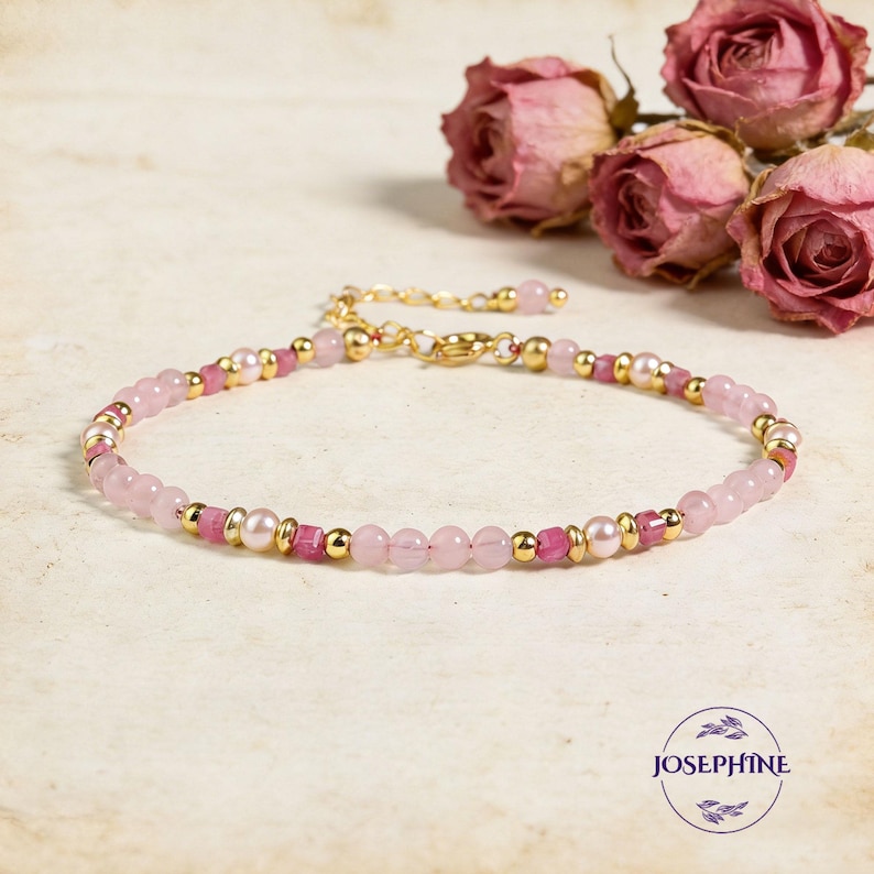 Natürliches Rosenquarz- und rosa Turmalinarmband, 3 mm subtile Edelsteinperlen, zierliches Kristallarmband, Heilarmband, Oktober Geburtsstein Bild 1