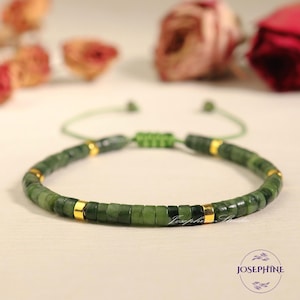 Nephrite Jade Bracelet, Green Crystal Gemstone Beaded Bracelet, Healing Protection Strength Bracelet for Women Men, Layering Bracelet