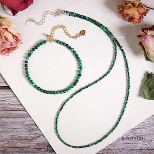 Natural Malachite Bracelet and Necklace Set, Dainty Minimalist Gemstone Beads Women Jewelry Set, Crystal Gift for her, Christmas Gift