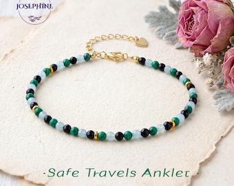 Safe Travels Crystal Anklet, Aquamarine, Malachite & Obsidian 2mm Beads Healing Protection Anklet, Summer Boho Style