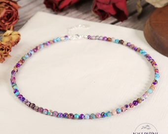Galaxy Sea Sediment Jasper 4mm Beads Beaded Minimalist Choker, Natural Gemstone Beads Necklace, Waterproof Crystal Choker, Healing Necklace