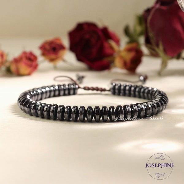 Hand Braided Gemstone Bracelet, Hematite Beads Adjustable Bracelet for Women Men, Healing Meditation Protection Strength Bracelet, Gifts