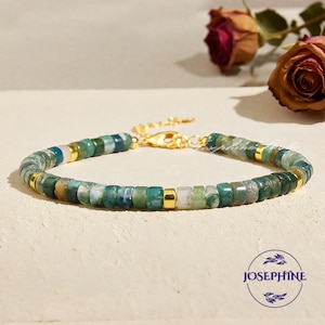 Genuine Moss Agate Bracelet, Green Crystal Adjustable Bracelet for Women, Healing Meditation Balance Calming Bracelet, Ideal Gift for Wife