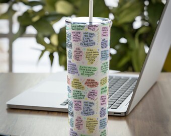 細身のスチール製タンブラー、ストロー付き、20オンス、キリスト教の聖書の一節の肯定文。