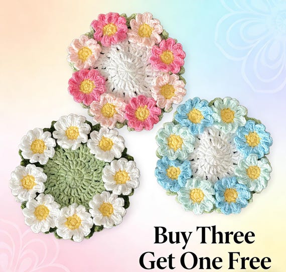 Handmade Crochet Daisy Coaster Set, Floral Cup Holder with Basket