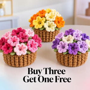 May include: Three crocheted flower arrangements in brown baskets. One features pink flowers, one has orange and yellow flowers, and one contains purple and white flowers. The text "Buy Three Get One Free" is printed at the bottom of the image.