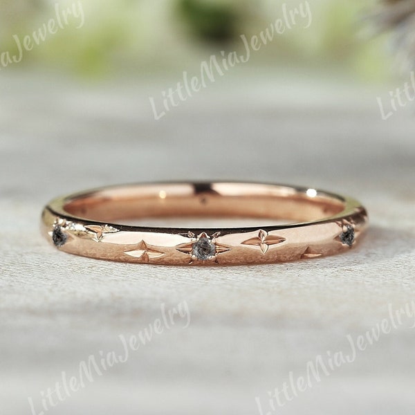 Unique Salt and Pepper Diamond Ring Rose Gold Art Deco Star Design Wedding Band Stacking Promise Rings For Women Handmade Jewelry