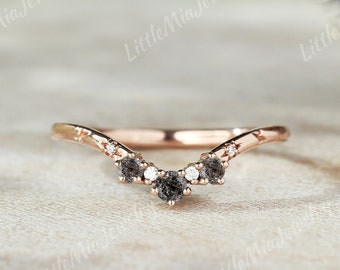 Unique Salt and Pepper Diamond Ring Rose Gold  Moissanite Curved Wedding Band Diamond Stacking Matching Promise Wedding Rings For Women