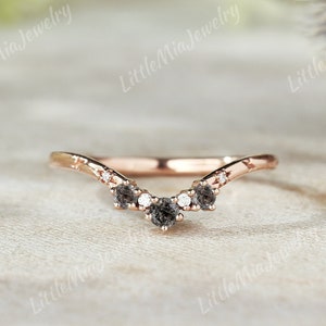 Unique Salt and Pepper Diamond Ring Rose Gold  Moissanite Curved Wedding Band Diamond Stacking Matching Promise Wedding Rings For Women