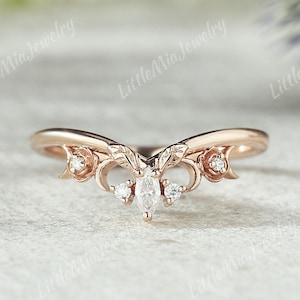Nature Inspired Leaf Moissanite Wedding Band Rose Gold Moissanite Curved Wedding Ring Promise Ring Moissanite Stacking Rings For Women