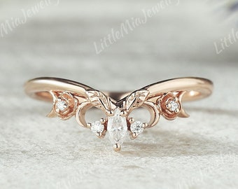 Nature Inspired Leaf Moissanite Wedding Band Rose Gold Moissanite Curved Wedding Ring Promise Ring Moissanite Stacking Rings For Women