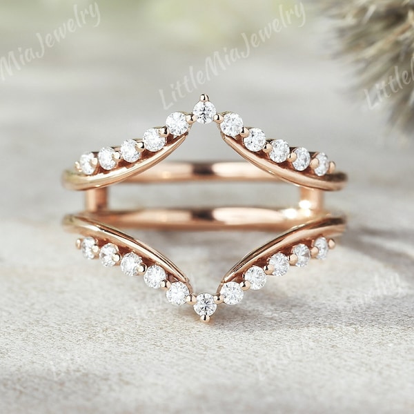 Vintage Moissanite Double Curved Wedding Band Rose Gold Moissanite Wedding Ring Enhancer Stacking Matching Ring Anniversary Gift For Her