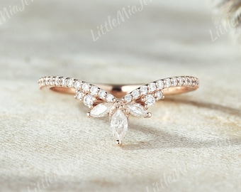 Unique Marquise Cut Moissanite Wedding Band Rose Gold Moissanite Curved Wedding Ring Stacking Matching Anniversary Promise  Rings For Women