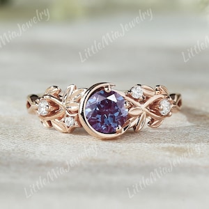 Unique Round Alexandrite Engagement Ring Moon Star Design Alexandrite Wedding Ring Nature Inspired Leaf Branch Birthstone Wedding Rings