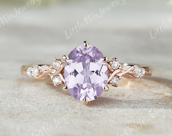 Unique Oval Cut Lavender Sapphire Engagement Ring Rose Gold Moissanite Cluster Wedding Ring Purple Sapphire Rings For Women Gift For Her