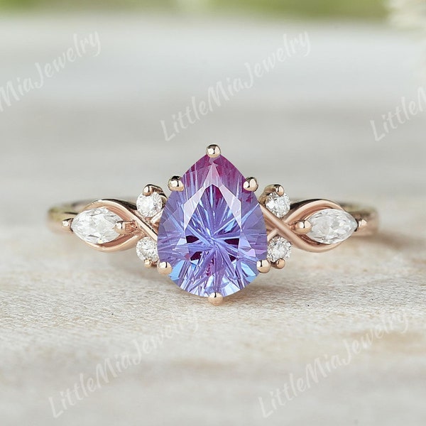 Firework Cut Pear Shape Alexandrite Engagement Ring Rose Gold Moissanite Cluster Wedding Ring Purple Gemstone Personalized Ring