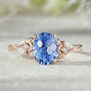 Firework Cut Sapphire Engagement Ring Rose Gold Leaf Moon Sapphire Wedding Ring Vintage Sapphire Rings For Women Personalized Gifts