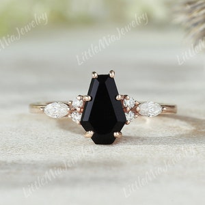 Unique Coffin Cut Black Onyx Engagement Ring Art Deco Halloween Ring Moissanite Cluster Wedding Ring Promise Ring Anniversary Gift For Her