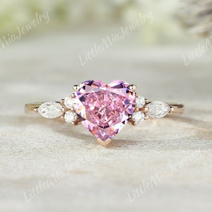 Art Deco Heart Shaped Pink Sapphire Engagement Ring Rose Gold Moissanite Cluster Wedding Ring Sapphire Promise Anniversary Rings For Women