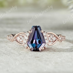 Unique Coffin Shaped Alexandrite Engagement Ring Rose Gold Delicate Wedding Ring Moissanite Cluster Halloween Ring Anniversary Gift For Her