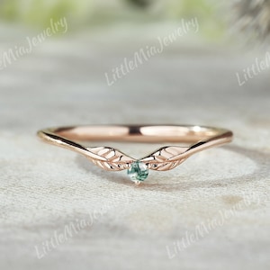 Nature Inspired Moss Agate Wedding Band  Solid Gold Leaf Design Moss Agate Curved Wedding Ring Personalized Rings For Women Anniversary Gift