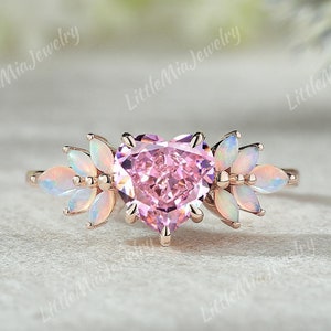 Heart Shaped Pink Sapphire Engagement Ring Rose Gold Opal Cluster Wedding Ring Sapphire Ring Promise Ring Personalized Gift For Her