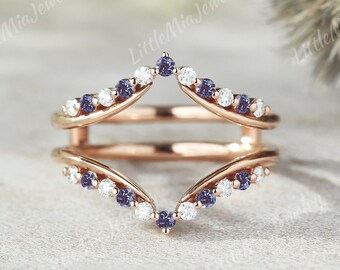 Einzigartige Alexandrit Ehering Rose Gold Moissanite doppelt gebogene Ehering Passendes Versprechen Ring Enhancer für Frauen handgemachten Schmuck