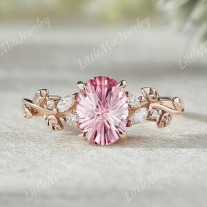Nature Inspired Leaf Firework Cut Pink Sapphire Engagement Ring Rose Gold Sapphire Wedding Ring Leaf Branch Wedding Rings For Women