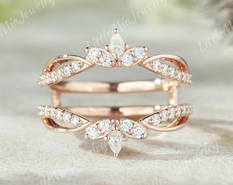 Unique Pear Shaped Moissanite Ring Enhancer Rose Gold Moissanite Double Curved Wedding Band Stacking Matching Promise Rings For Women