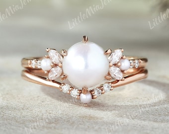 Akoya Pearl Wedding Ring Set Rose Gold Moissanite Curved Wedding Band Pearl Wedding Ring Pearl Custom Bridal Ring Handmade Jewelry For Women