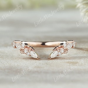 Unique Natural Inspire Leaf Moissanite Open Wedding Band Marquise Shape Moissanite Open Wedding Ring Stacking Matching Promise Ring