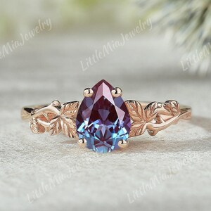 Nature Inspired Leaf Pear Cut Alexandrite Engagement Ring Rose Gold Alexandrite Wedding Ring Leaf Branch Birthstone Wedding Rings For Women