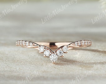 Art Deco Moissanite Curved Weeding Band Rose Gold Moissanite Wedding Ring Inspired Matching Stacking Ring Custom Anniversary Rings For Women